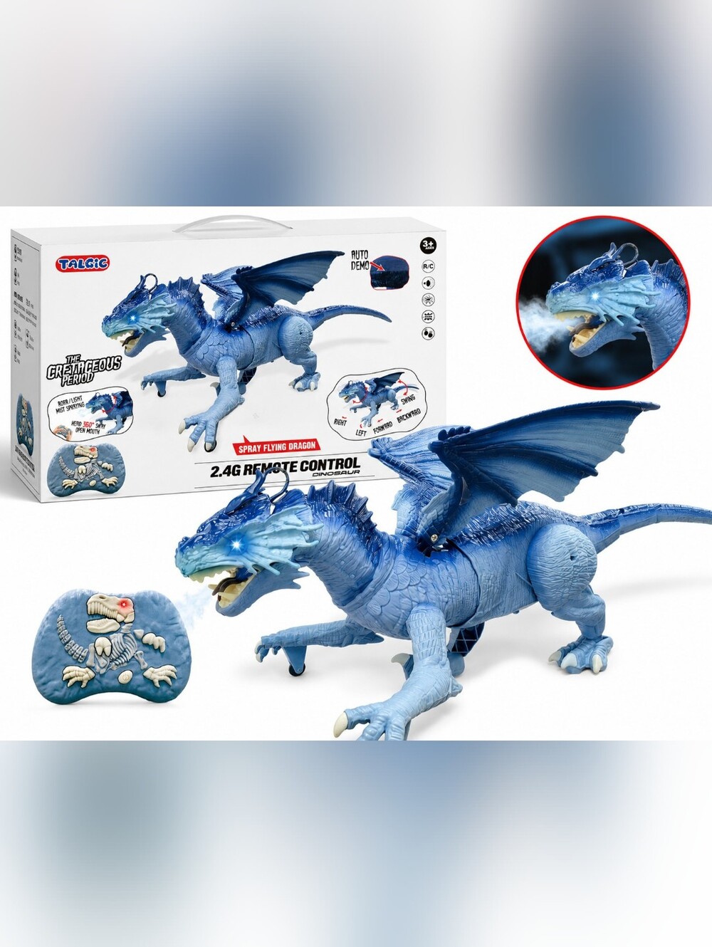 Talsic 2.4G RC Spray Flying Dragon Dinosaur Toy Lights Sounds Mist Blue